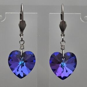 Handmade Heliotrope Heart Crystal Dangle Earrings Silver Tone